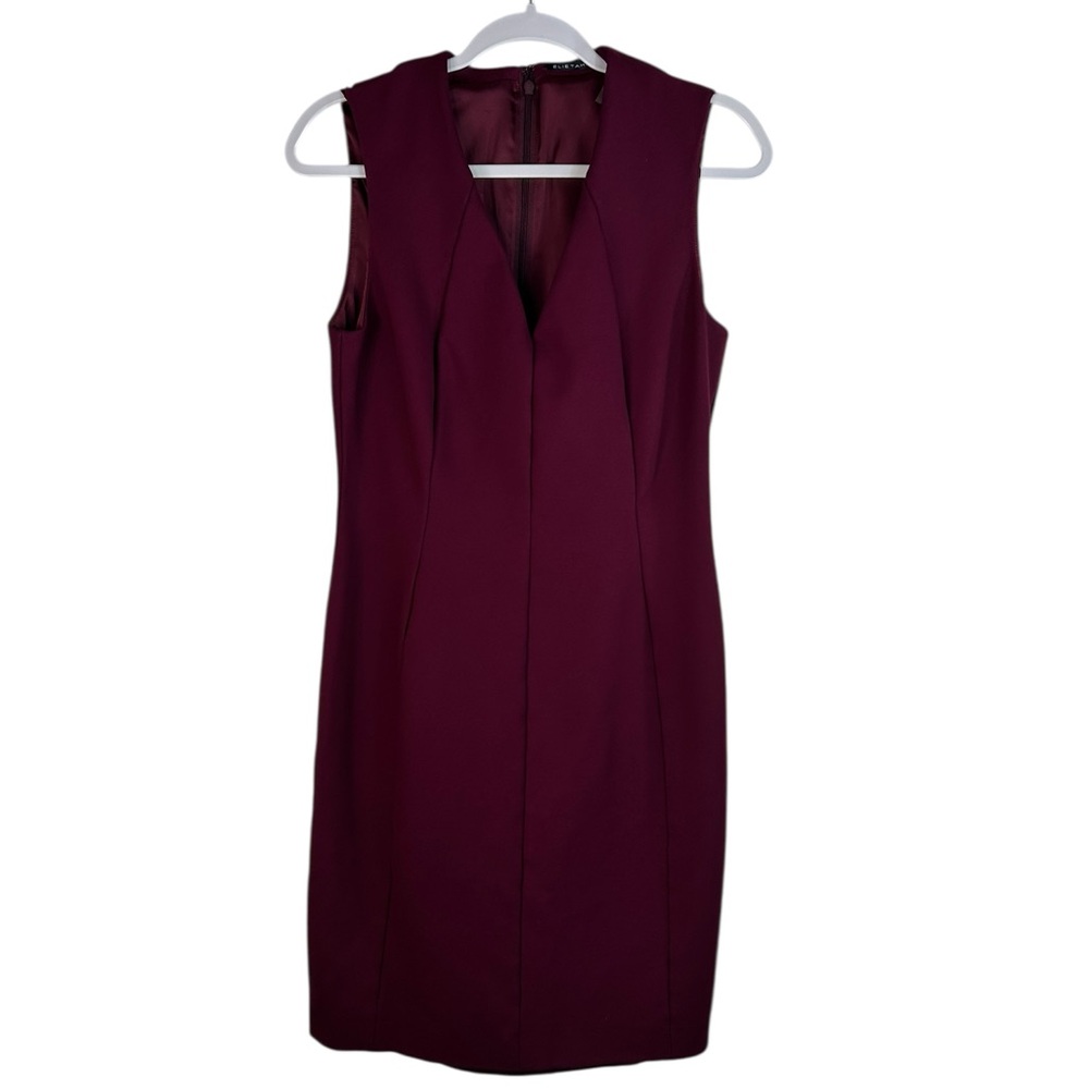 Elie Tahari Sleeveless Plum V Neck Midi Sheath Career Work Professional Dress 10
